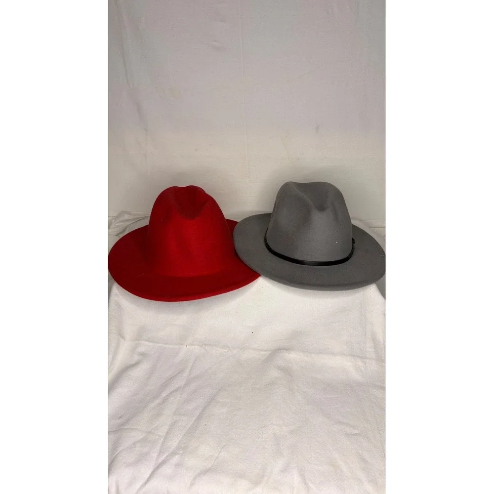 Bundle 2 Wide Brim Fedora Hats Red Blue Grey Adjustable Cotton Blend Unisex